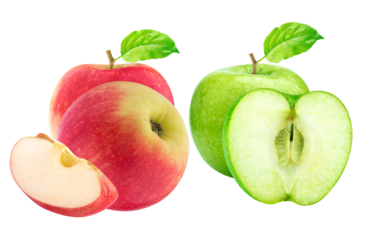 vibrant variety of fresh apples, including whole red and green apples, a half-cut green apple, and a red apple wedge, isolated photograph.
