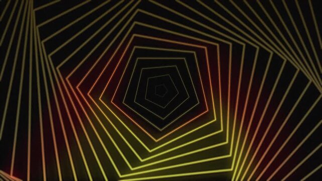 Yellow and orange geometric tunnel with pentagon shapes receding into darkness abstract background