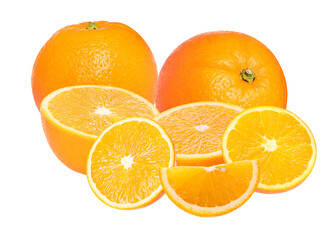 studio photograph of two whole ripe oranges accompanied by multiple fresh slices, segments, and halves, showcasing their juicy interior and vibrant color on black.