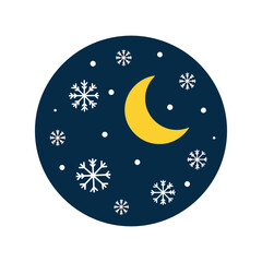 Naklejka premium Whimsical crescent moon with snowflakes on dark night sky illustration vector