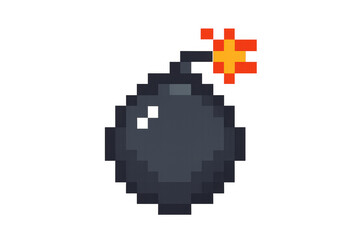 Black pixel art bomb with burning fuse igniting danger, explosion, and game over concepts from retro video games