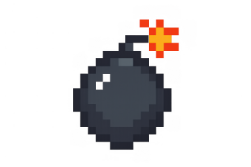 Black pixel art bomb with burning fuse igniting danger, explosion, and game over concepts from retro video games