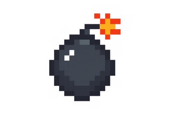 Black pixel art bomb with burning fuse igniting danger, explosion, and game over concepts from retro video games