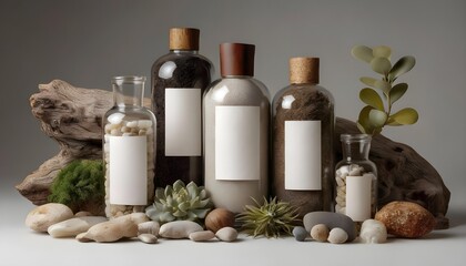 A warm, natural still-life featuring glass jars and a square glass vase filled with sand and a succulent