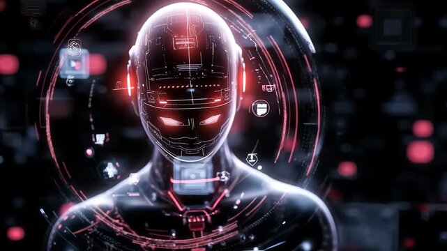 Futuristic Red And Black Android Head With Digital HUD Interface. Sci Fi Artificial Intelligence Concept