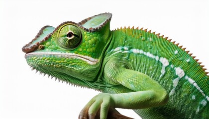 Close-up of Green Veiled Chameleon Reptile Isolated on White Background