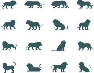 Lion silhouette collection, walking, sitting, standing, lying poses, wild animal icons, majestic feline shapes, flat vector illustration