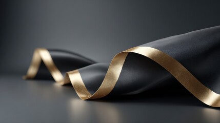 Black surface with golden ribbon swirl, soft spotlight, modern luxury mood.