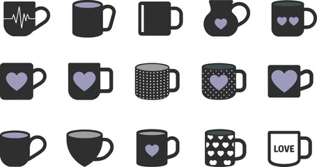 Mug icon collection, heart, stripe, dot, love text, decorative cup shapes, black accent set, flat vector illustration