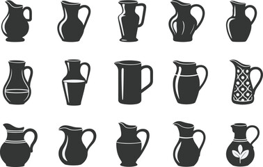 Pitcher silhouette collection, black jug icons, vintage vessel shapes, kitchenware design set, decorative pots, flat vector illustration, isolated elements
