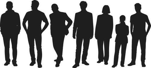 Standing human silhouette collection, diverse postures, casual and formal clothing, adult figures, fashion icon set, flat vector illustration