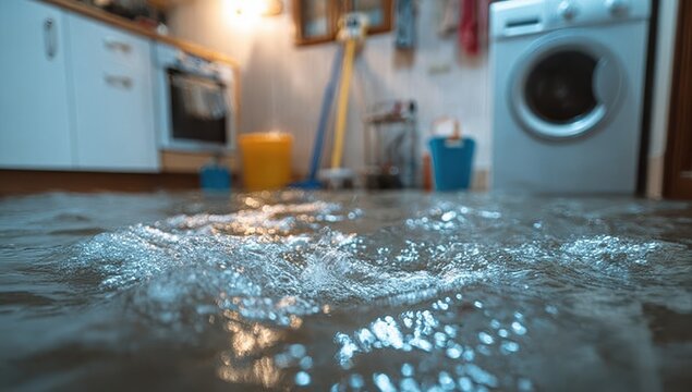Water damage in a home laundry room with a washing machine and flooded floor - Powered by Adobe