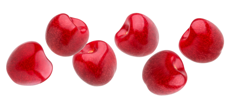 seven ripe, highly glossy dark red sweet cherries arranged horizontally in a perfect row, showcasing their smooth texture and rich color, isolated on a transparent background.