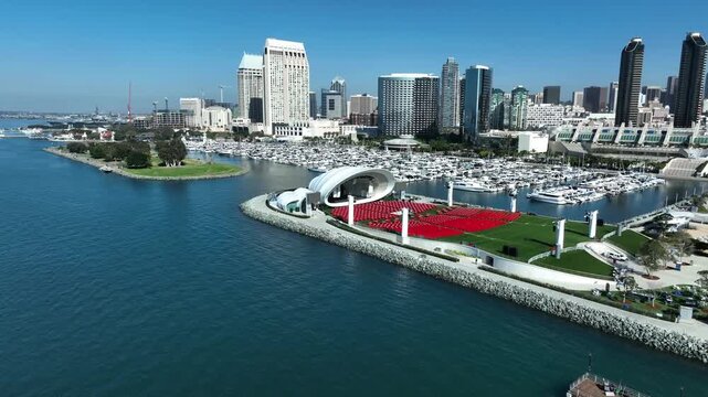 Rising Crane Shot Of Rady Shell Open-Air Music Venue And Luxury Boat Marina In San Diego, California.