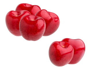 grouping of seven ripe, highly glossy dark red sweet cherries arranged in two distinct floating clusters, highlighting the reflective surface, isolated on transparent background.