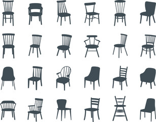 Chair silhouettes collection, modern and classic furniture icons, armchair, dining, minimalist styles, ergonomic shapes, flat vector illustration