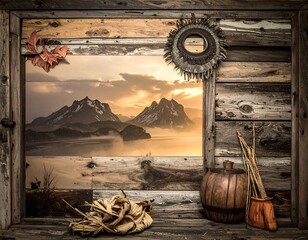 Rustic Window View - Mountains, Sunset, and Coastal Still Life.