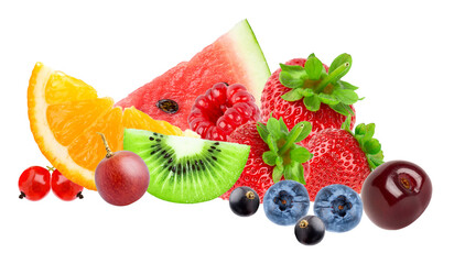 delicious pile of fresh summer fruits and berries, including strawberries, raspberry, orange slice, kiwi wedge, watermelon, blueberries, currants, cherry, and grape.