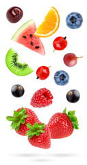 assortment of fresh, vibrant fruits and berries floating or falling, including strawberries, watermelon slice, kiwi, raspberries, blueberries, currants, and an orange slice.