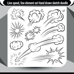 Hand drawn sketch doodles expressing speed motion clouds explosions energy streaks lines