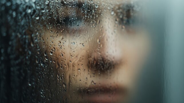 A woman with dark hair is seen through a rain-specked window, conveying a mood of introspection and solitude.