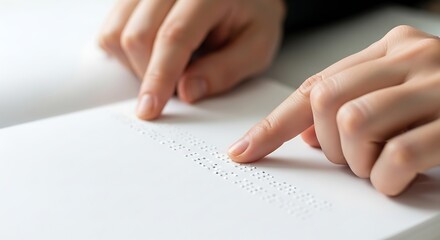 Close-up of a person's fingers carefully reading braille text on a white page, demonstrating tactile literacy for the visually impaired.
