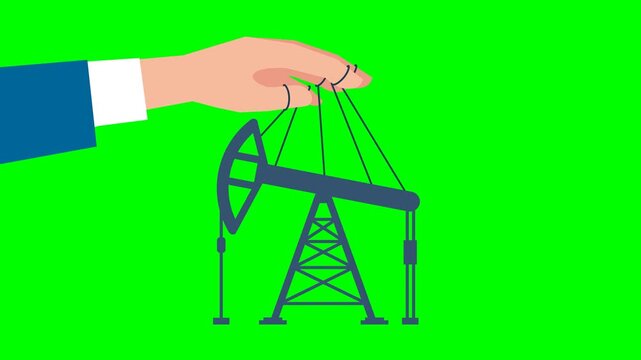 Influence of politics or business on oil production. Businessman, politician manipulates oil rig like a puppeteer. Petroleum industry business. Mining of black gold. 2d flat animation. Alpha channel