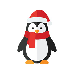 Cute penguin wearing santa hat and red scarf festive winter holiday season character vector