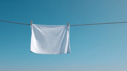 A white cloth hanging on a clothesline against a clear blue sky, symbolizing freshness and simplicity.