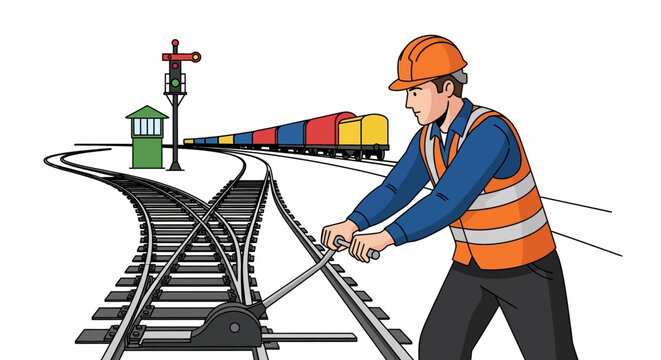 Railway worker operating a switch for a train on tracks.