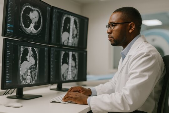 Professional radiologist reviews CT/MRI images on multiple screens in a hospital reading room. Concept: diagnostics, healthcare technology, accurate medical analysis.