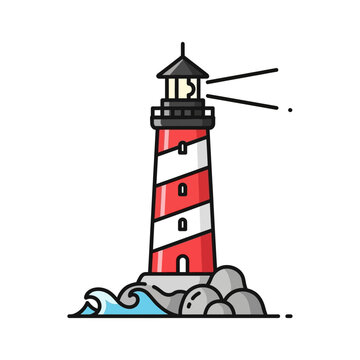 Red and White Striped Lighthouse Guiding Ships at Sea.