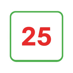 Bright red number 25 inside square icon green border modern design vector