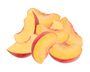 stacked pile photograph of fresh, ripe peach slices featuring soft yellow flesh and reddish skin edges, beautifully isolated on a pure transparent background.