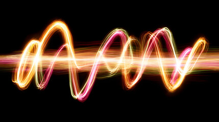 Dynamic wave patterns with vibrant hues of orange, pink, and yellow set against a black background.