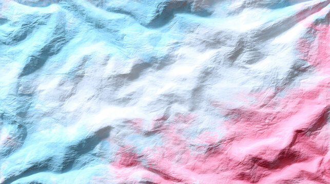 A crumpled textile showcasing a blend of light blue, white, and soft pink hues.