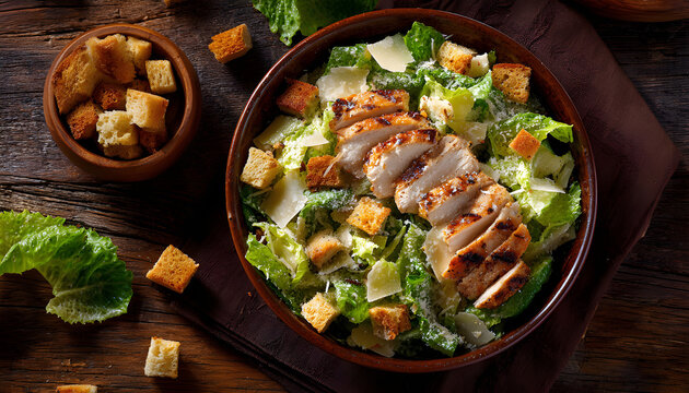 Caesar salad with grilled chicken meat, fresh lettuce, parmesan cheese and fried croutons. Classic North American cuisine