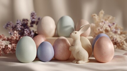 A charming arrangement of pastel-colored eggs with a small white rabbit figurine, creating a serene spring atmosphere.