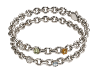 Double-layer chain bracelet featuring gemstone details.