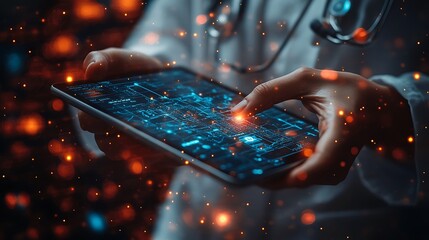 Person in lab coat using a tablet with glowing digital interface overlayed