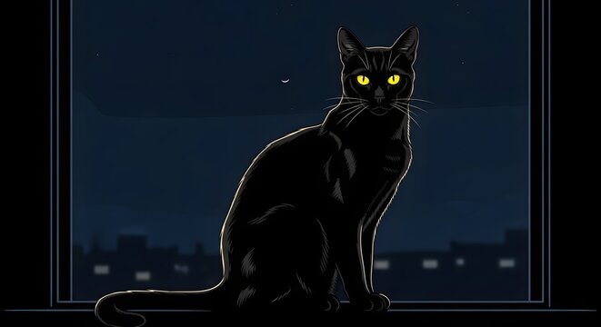 Mysterious black cat sitting on windowsill at night with glowing eyes