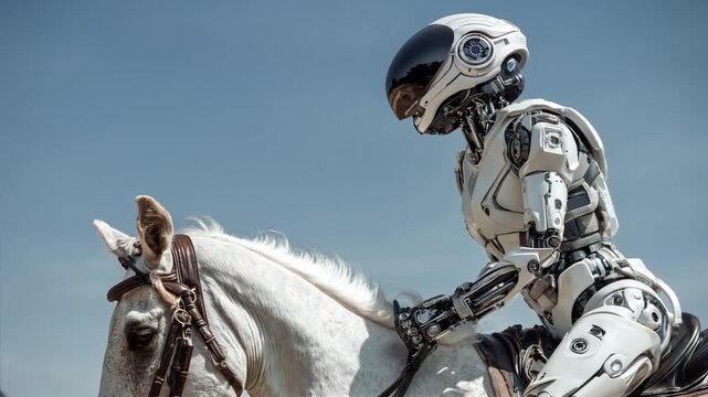 humanoid robot sitting on white horse