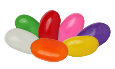 seven assorted colorful and glossy jelly beans, featuring vibrant shades of red, pink, green, orange, yellow, white, and purple, isolated on black.