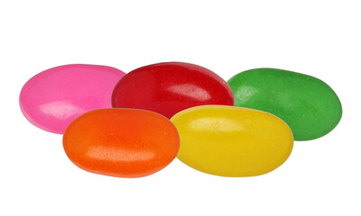 a studio photograph of five colorful, shiny jelly beans featuring vibrant shades of pink, red, orange, green, and yellow, isolated on a pure transparent background.