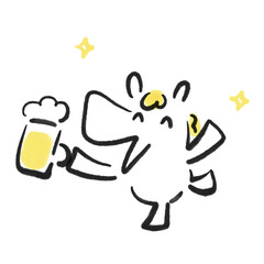 ビールで乾杯する笑顔の白馬　新年会・お祝い・墨絵