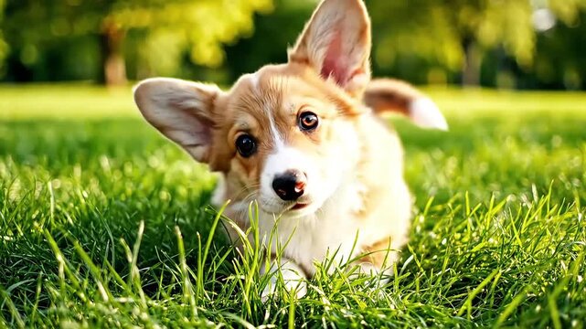 Adorable Corgi puppy tilting its head on a green lawn, close-up.
