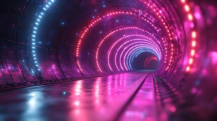 Illuminated tunnel with glowing lights and reflective surface creating a futuristic view