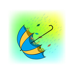 Umbrella, rain and wind on colorful background