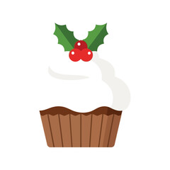 Festive christmas cupcake with holly berries and green leaves isolated on white vector