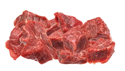 large pile of fresh, raw diced beef cubes cut for stewing, showcasing the rich, dark red color and glossy texture of the meat, isolated on black.
